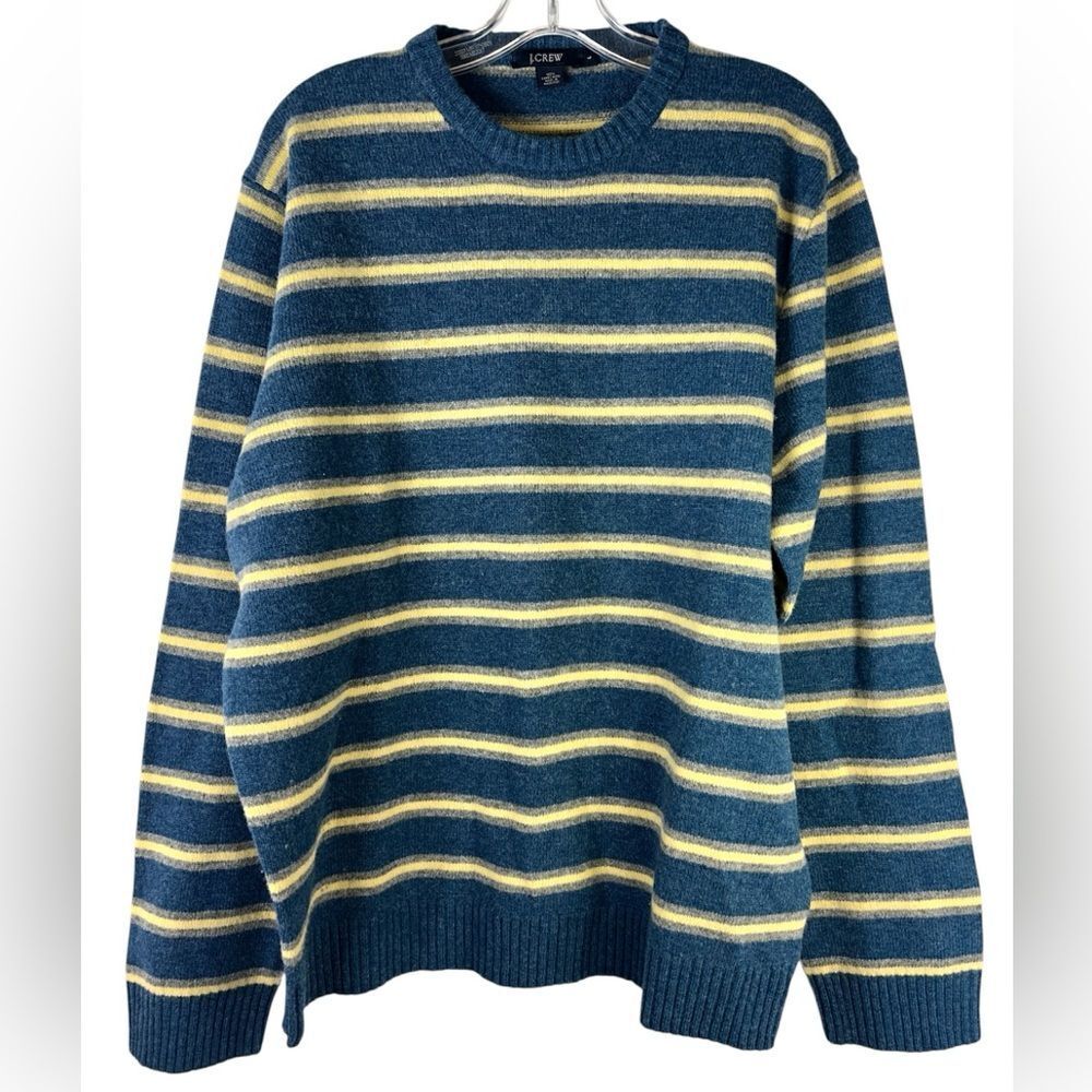 J.crew MENS lambswool sweater large blue yellow striped 61740 comfy cabin - Picture 9 of 9
